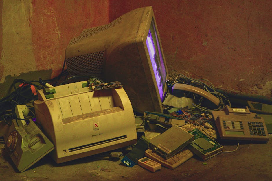 A dusty, cluttered computer desk with an old laptop surrounded by cables and gadgets, warm vintage lighting, candid photograph style