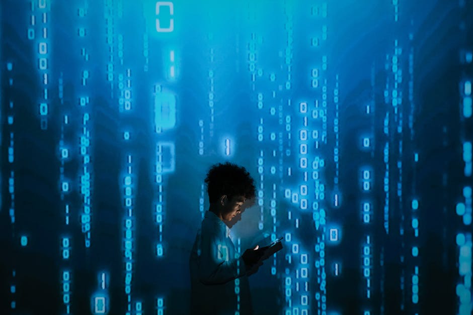 A person looking at a glowing smartphone screen in a dark room, with shadowy data streams flowing out of the device toward corporate logos