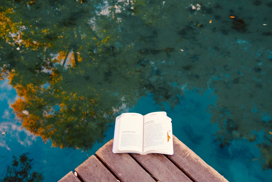 An open book resting on a wooden dock overlooking calm water at golden hour, warm light, peaceful and solitary