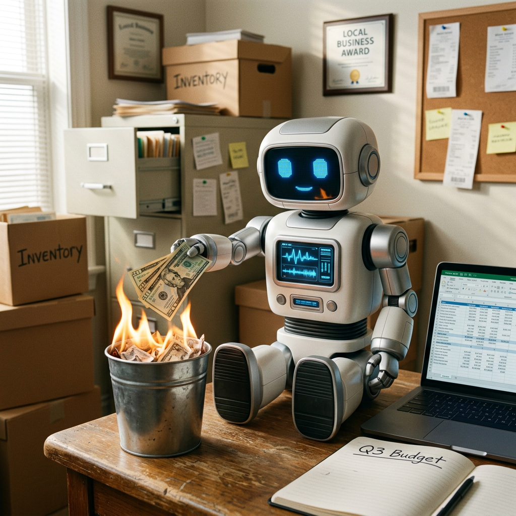 Robot placing money into a metal bucket with flames