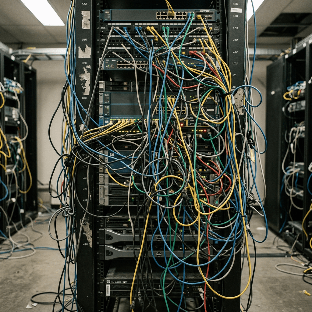 Server rack with various network switches and tangled colored cables connected