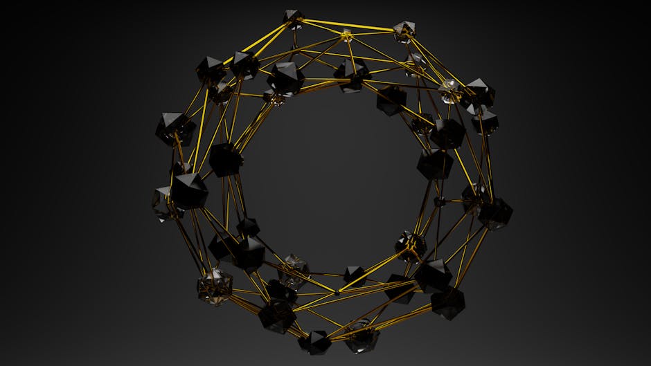 Abstract visualization of cryptographic ring signatures, interconnected glowing nodes in a dark digital space, electric purple and gold tones, cyberpunk aesthetic, 8k detail