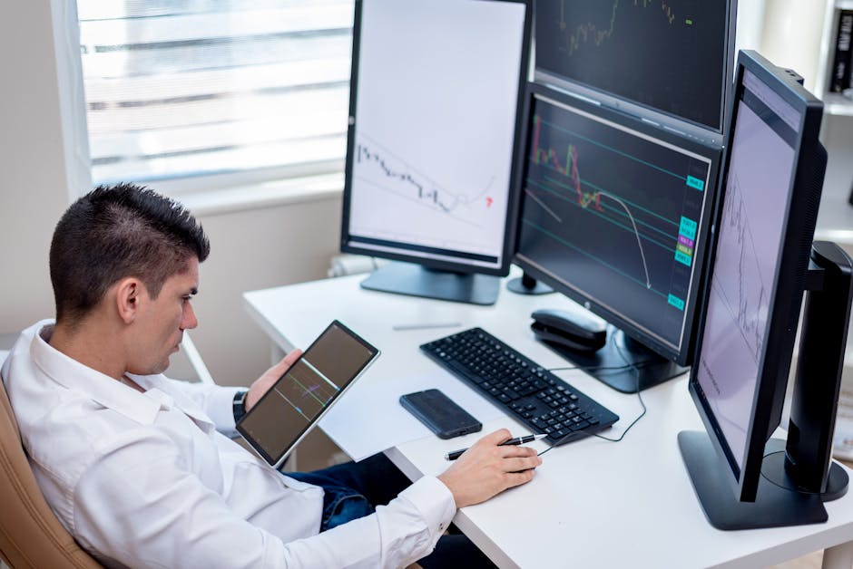 A person at a cluttered help desk with multiple monitors, looking thoughtful and determined, warm lighting, realistic