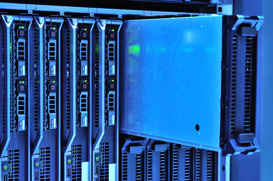 A small home server rack with blinking lights, cables neatly managed, in a dim basement — cinematic lighting, focused depth of field