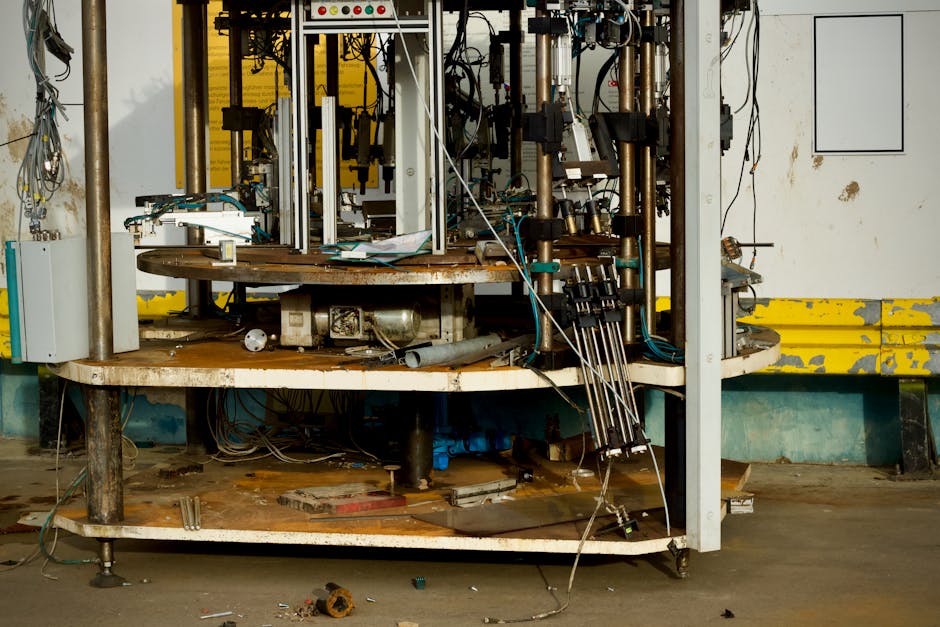 Split composition showing a hammer on one side and a complex robot on the other, simple workshop lighting, metaphorical contrast, editorial illustration style