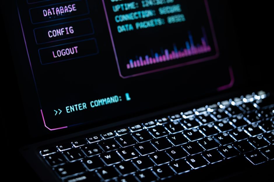 A split screen showing a terminal with SSH keys and a VPN connection status, dark theme, cybersecurity aesthetic, blue and green accent lighting
